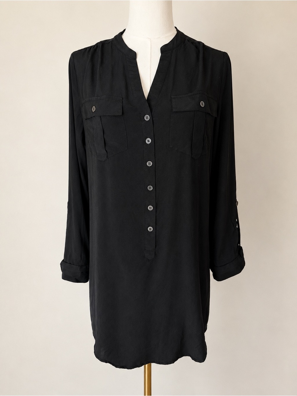 Acrobat XS 100% Silk Black Tunic Blouse Utility Pocket Roll Tab Shirt